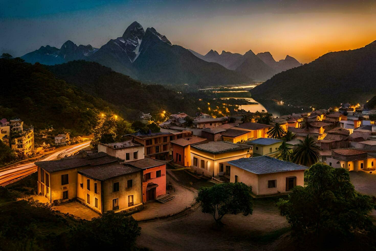 un' cittadina nel il montagne a crepuscolo. ai-generato foto