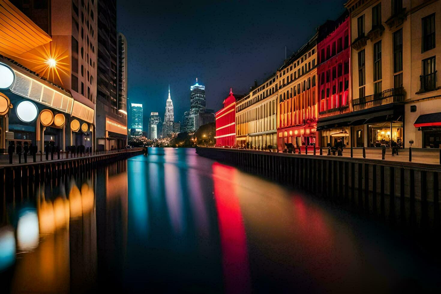 un' canale nel il città a notte con edifici e luci. ai-generato foto