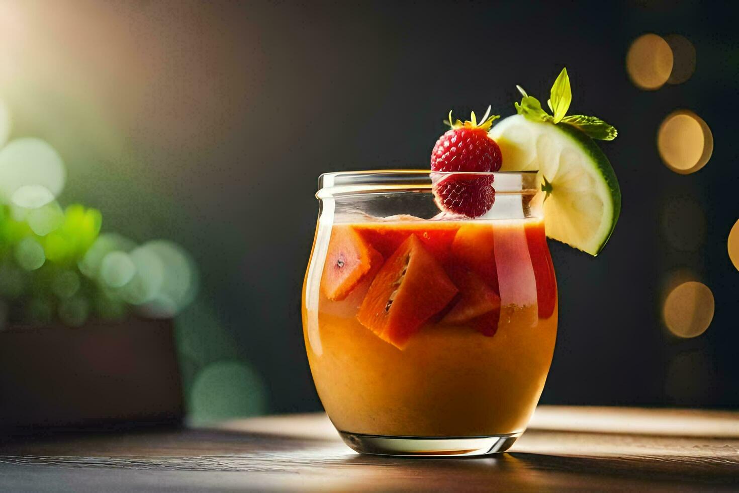 un' bicchiere di arancia succo con fragole e un' fetta di Mela. ai-generato foto