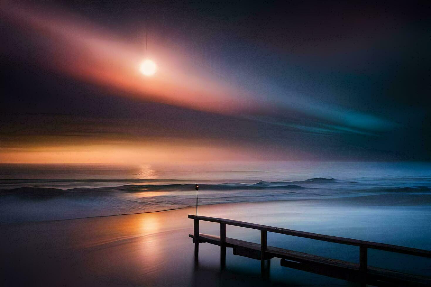 un' molo su il spiaggia a notte con il sole ambientazione. ai-generato foto