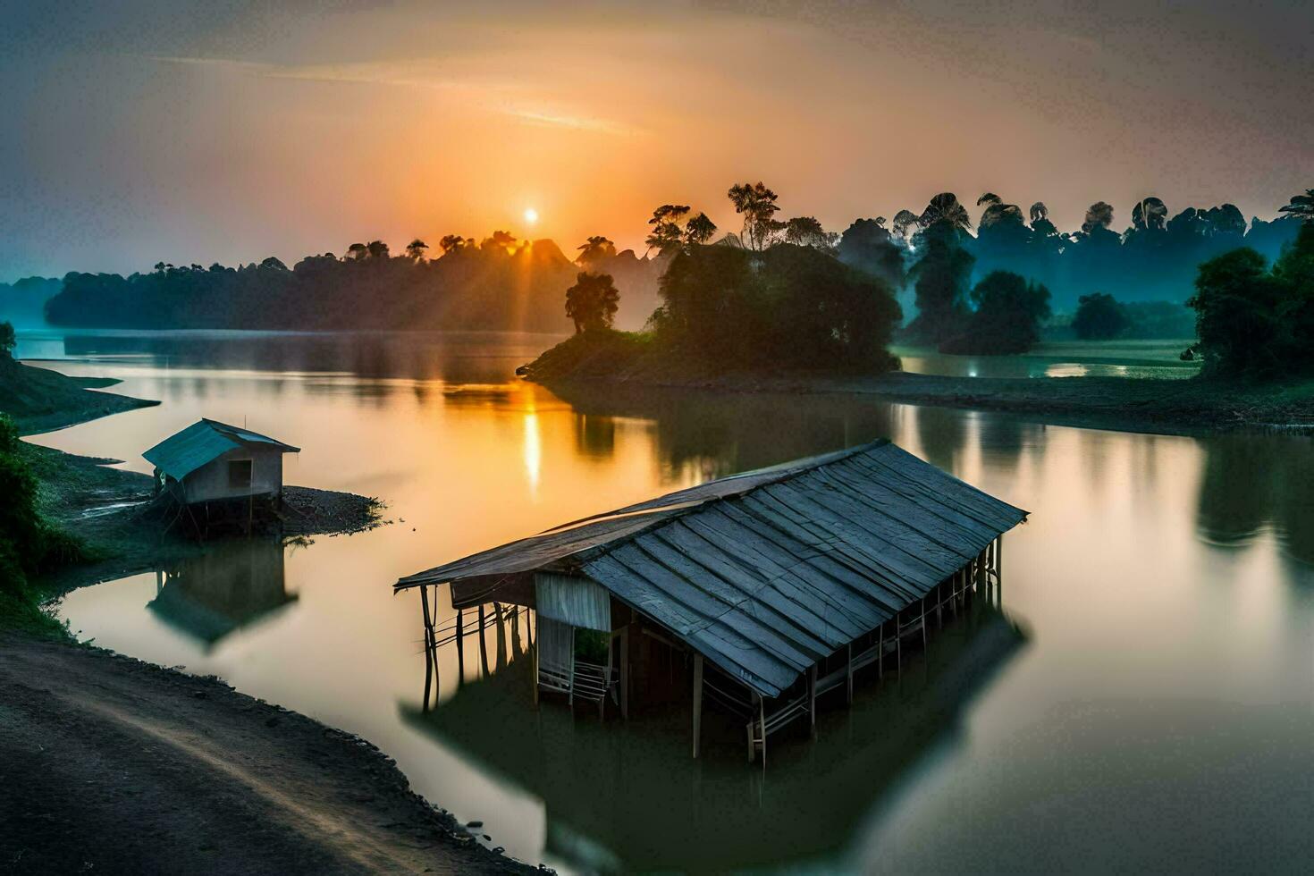 un' barca si siede su il acqua a tramonto. ai-generato foto