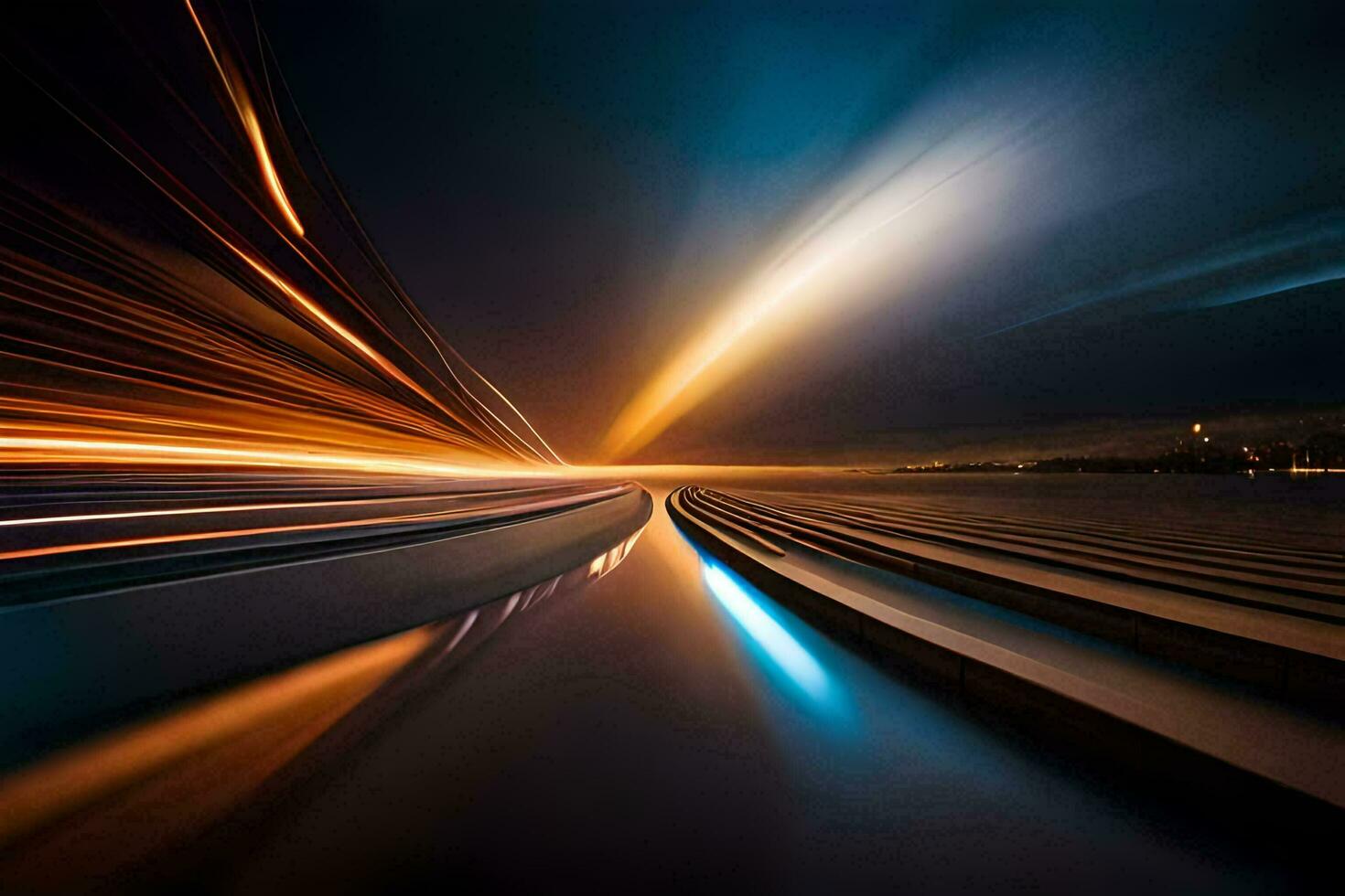 un' lungo esposizione fotografia di un' treno passaggio di a notte. ai-generato foto