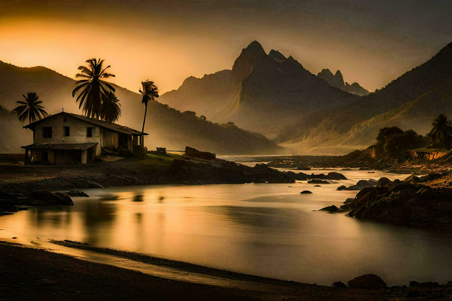 un' Casa si siede su il riva di un' fiume con montagne nel il sfondo. ai-generato foto