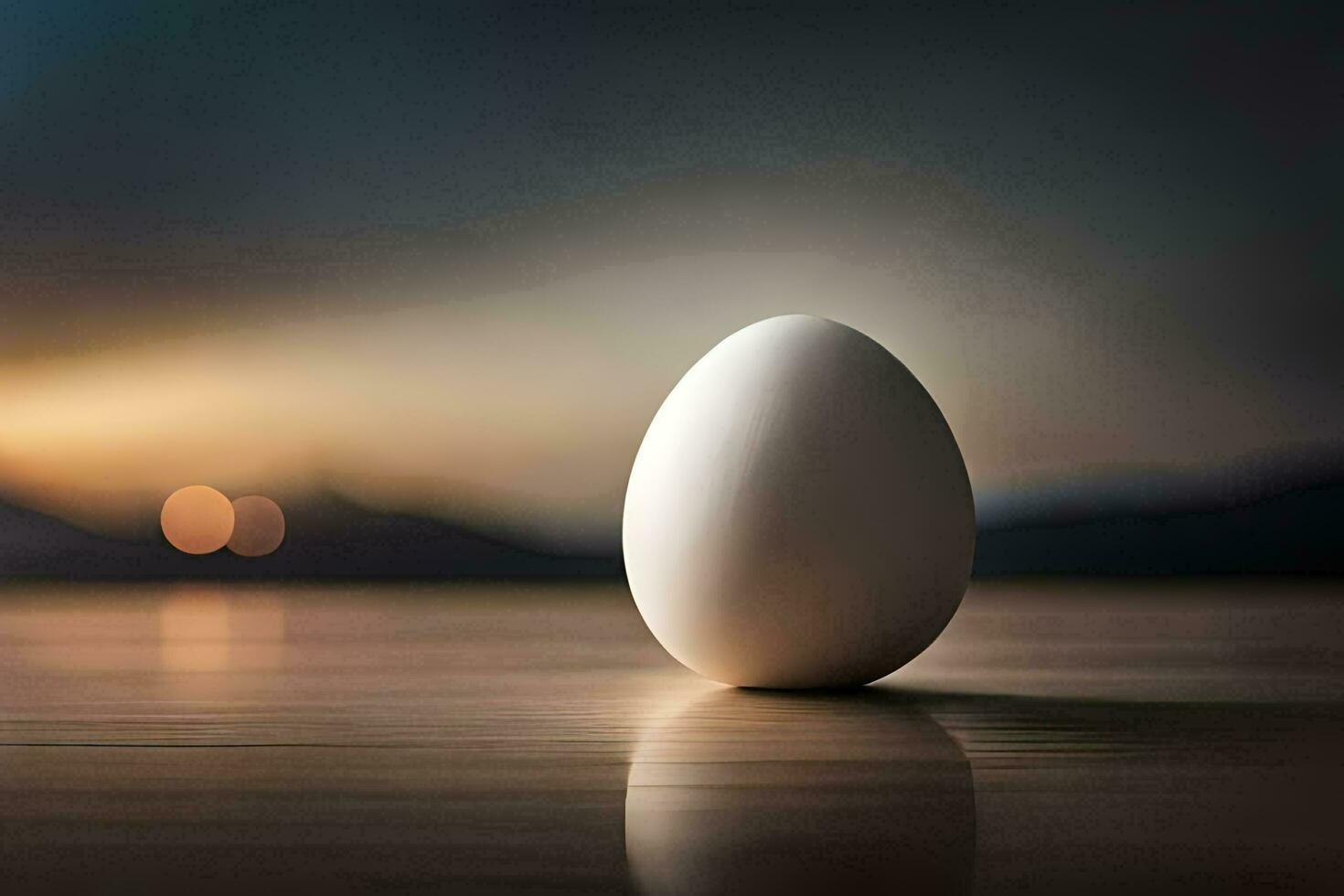 un uovo seduta su un' tavolo nel davanti di un' tramonto. ai-generato foto