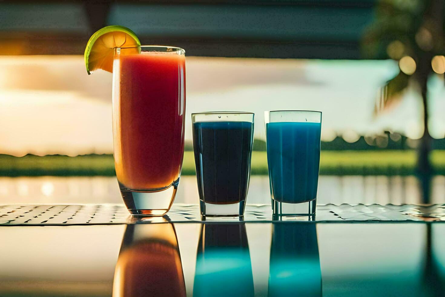 tre bicchieri di colorato bevande sedersi su un' tavolo. ai-generato foto