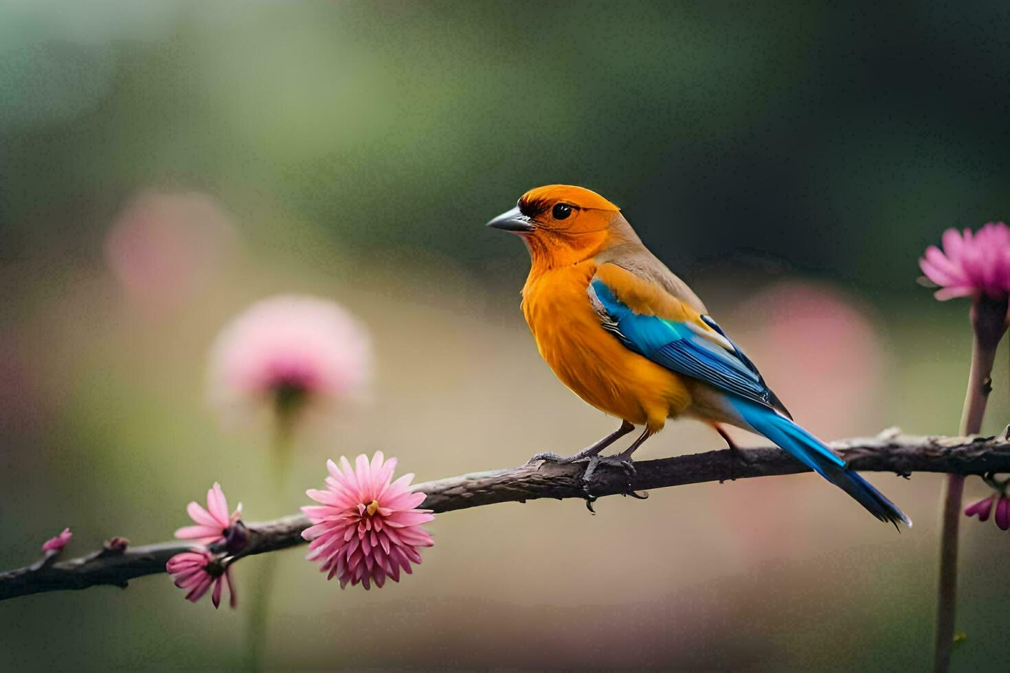 un' colorato uccello si siede su un' ramo con rosa fiori. ai-generato foto