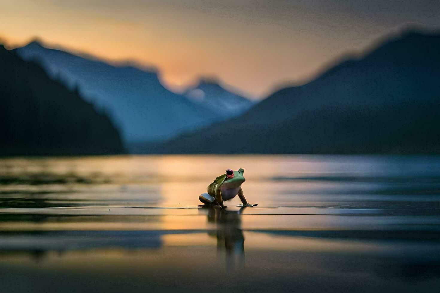 un' rana in piedi su il riva di un' lago a tramonto. ai-generato foto
