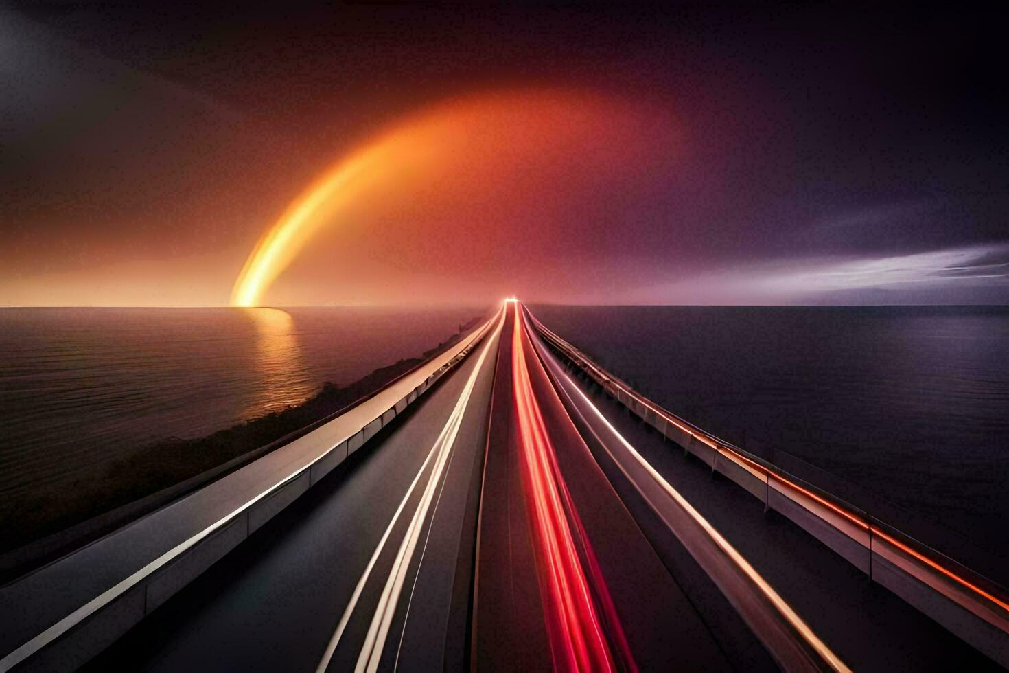 un' arcobaleno al di sopra di il oceano con un' lungo esposizione. ai-generato foto