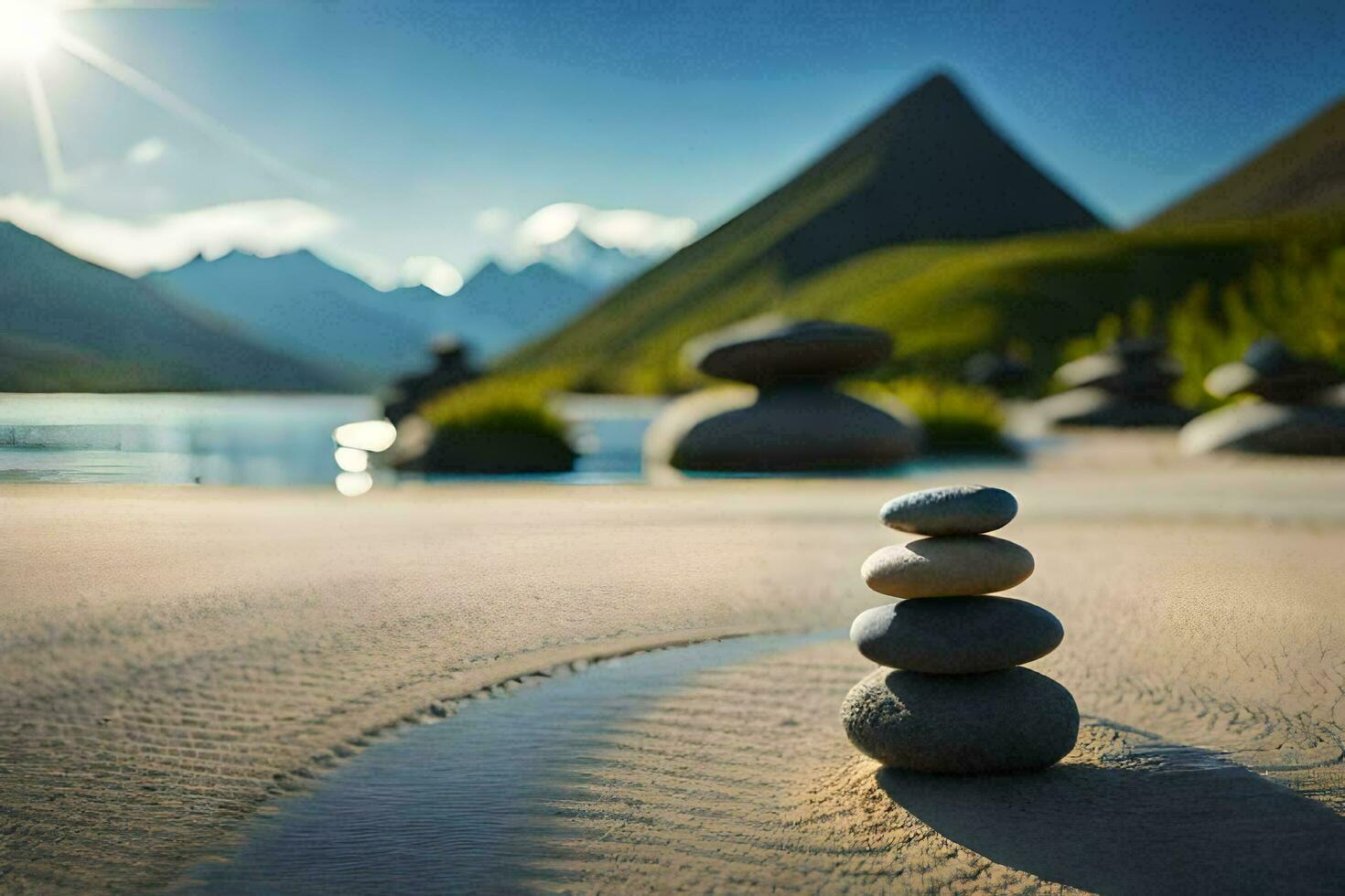 un' pila di pietre su il spiaggia vicino un' lago. ai-generato foto