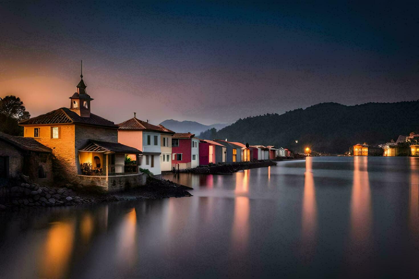 un' riga di case su il riva di un' lago. ai-generato foto