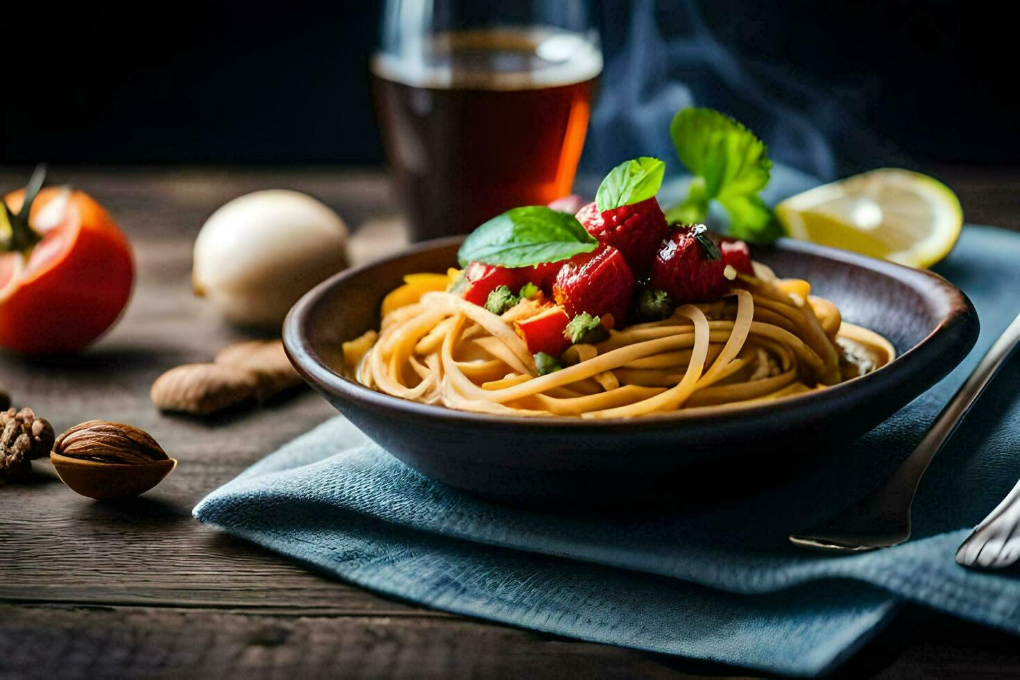 spaghetti con pomodori e basilico su un' di legno tavolo. ai-generato foto