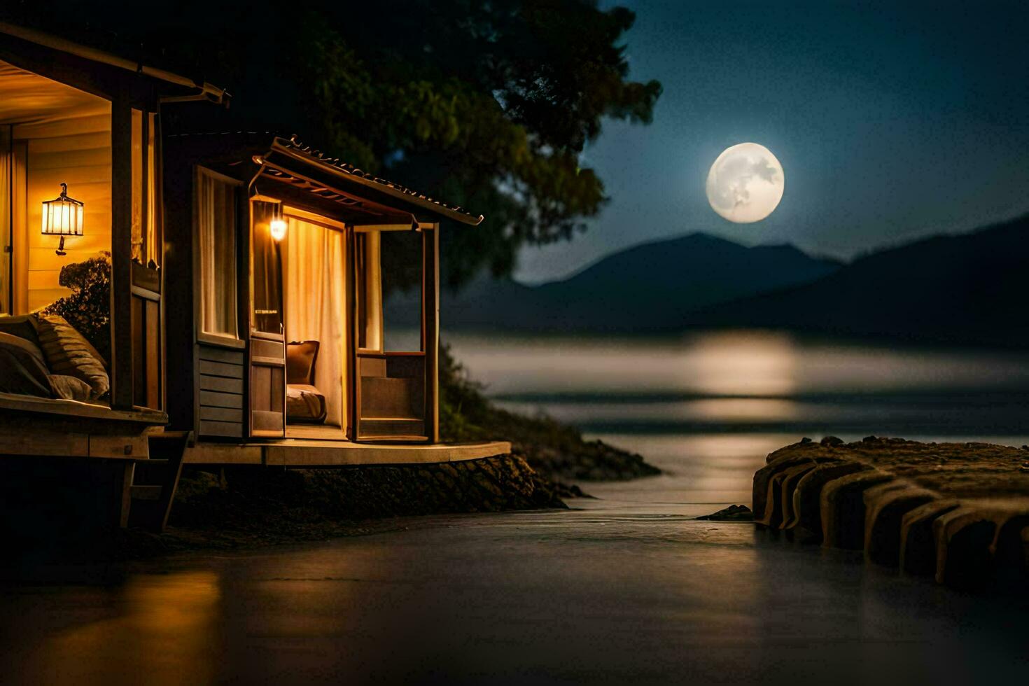 un' cabina su il acqua con un' pieno Luna. ai-generato foto