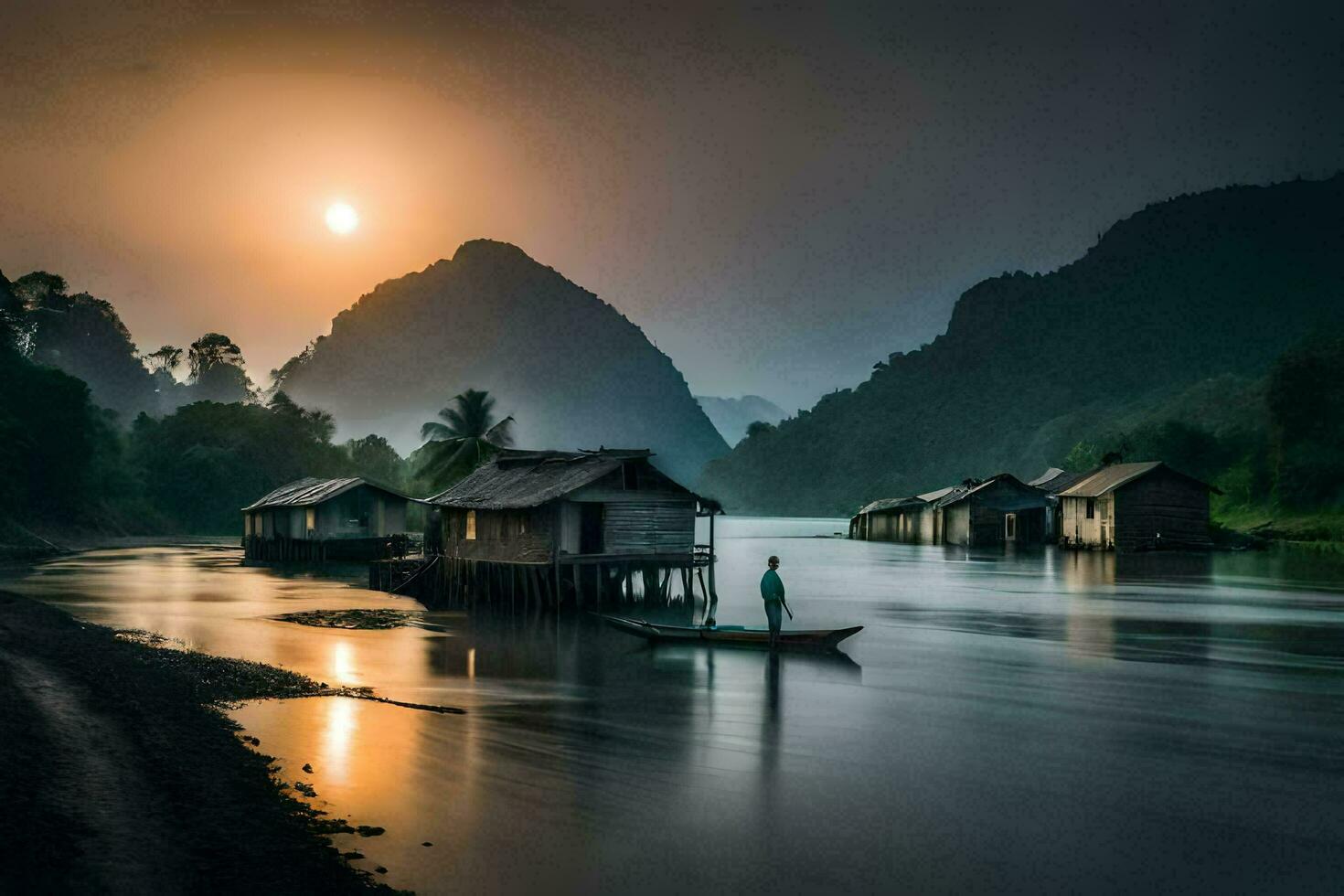 un' uomo sta su il riva di un' fiume con capanne nel il sfondo. ai-generato foto