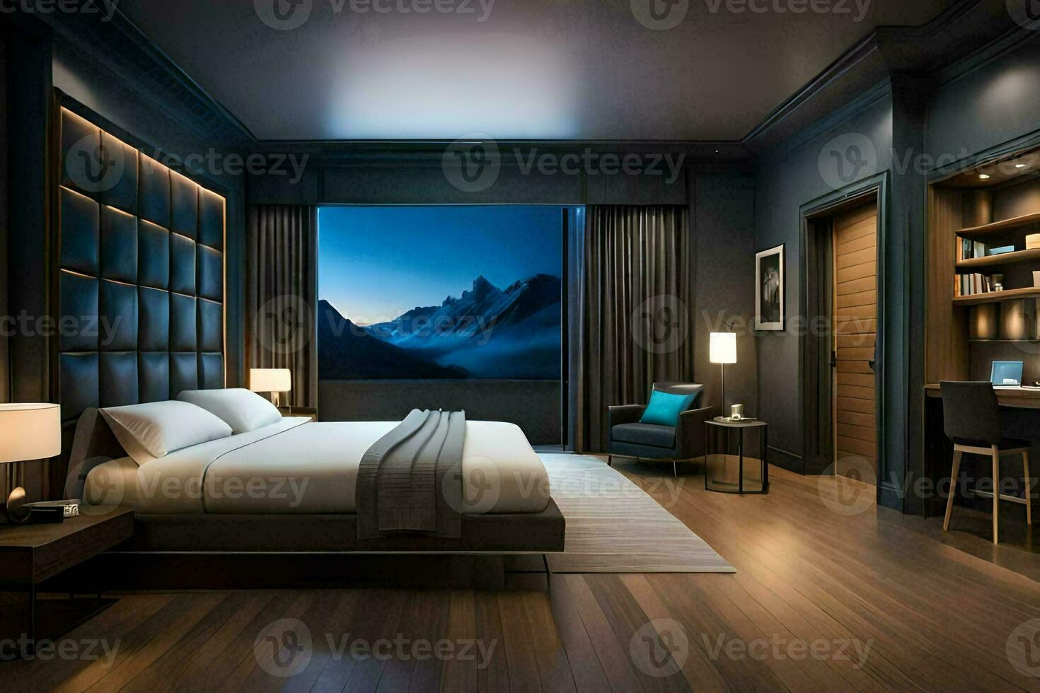 un' moderno Camera da letto con un' Visualizza di montagne. ai-generato foto