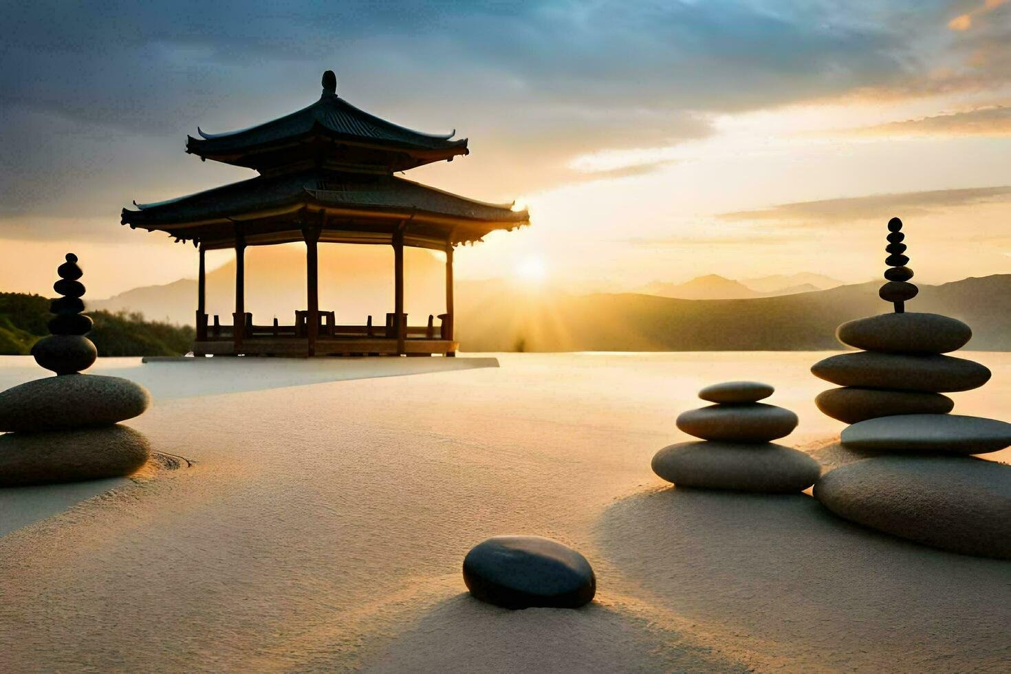 il sole sorge al di sopra di il montagne e il pagoda nel il sfondo. ai-generato foto