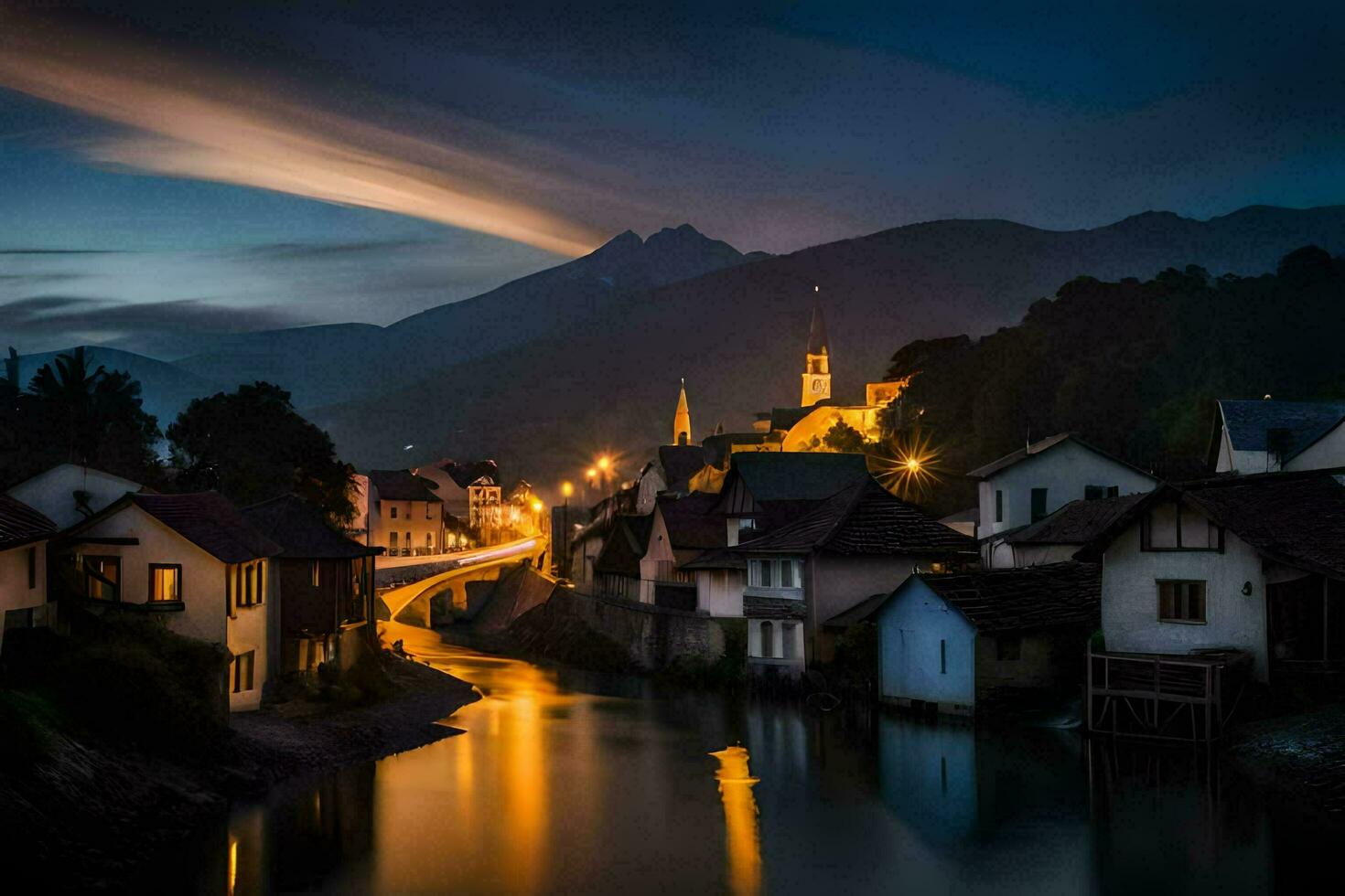 un' fiume corre attraverso un' cittadina a notte. ai-generato foto