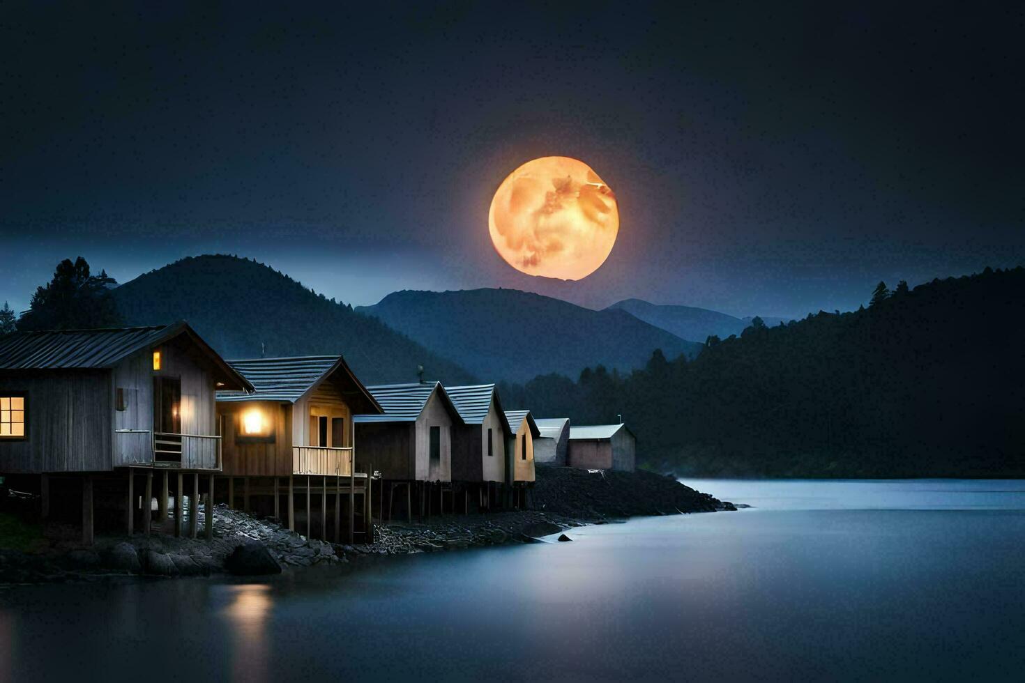 un' pieno Luna sorge al di sopra di un' lago e un' riga di di legno capanne. ai-generato foto