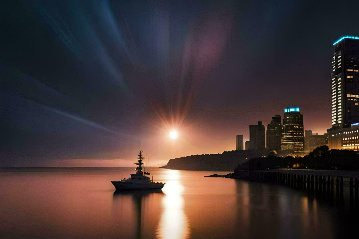 un' barca è nel il acqua a notte con il città nel il sfondo. ai-generato foto