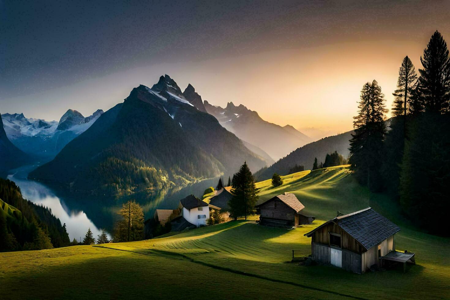 il sole imposta al di sopra di un' lago e montagne nel il sfondo. ai-generato foto