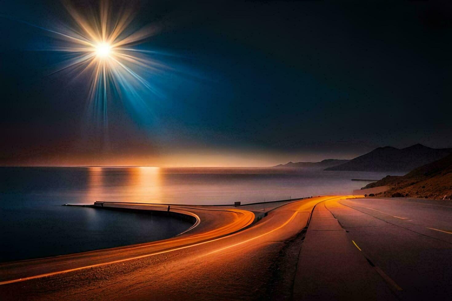 un' lungo strada con un' luminosa leggero splendente al di sopra di il oceano. ai-generato foto