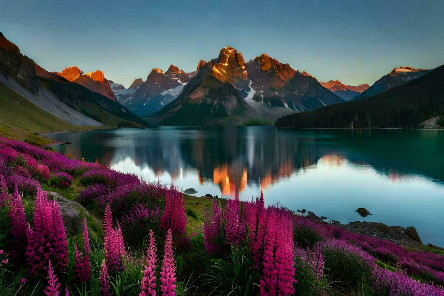 il montagne siamo riflessa nel il lago. ai-generato foto