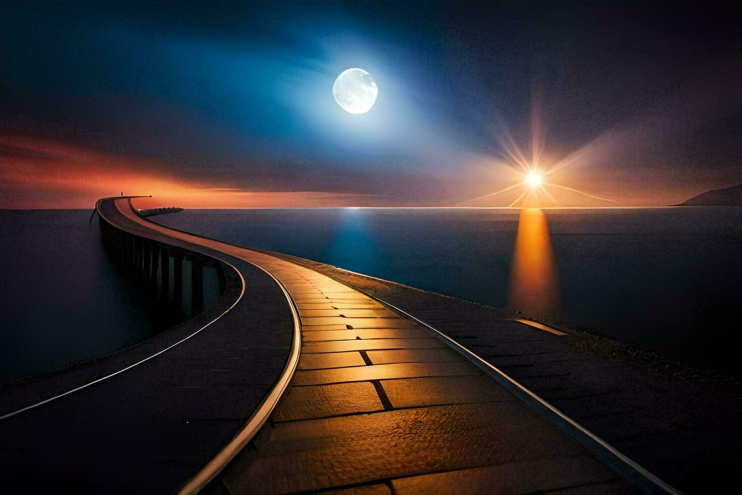 un' lungo ponte con un' Luna nel il cielo. ai-generato foto
