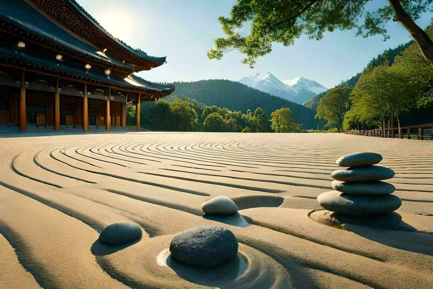 un' zen giardino con rocce e pietre nel il sabbia. ai-generato foto