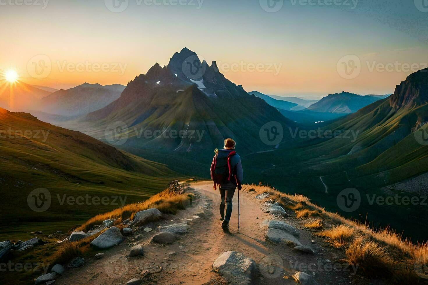 un' uomo a piedi su un' pista nel il montagne. ai-generato foto