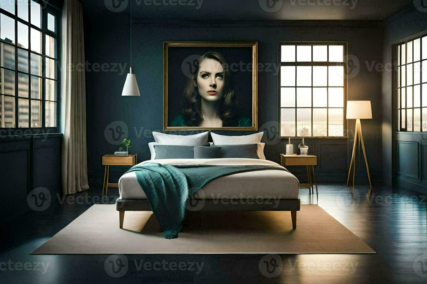 un' Camera da letto con un' grande pittura su il parete. ai-generato foto