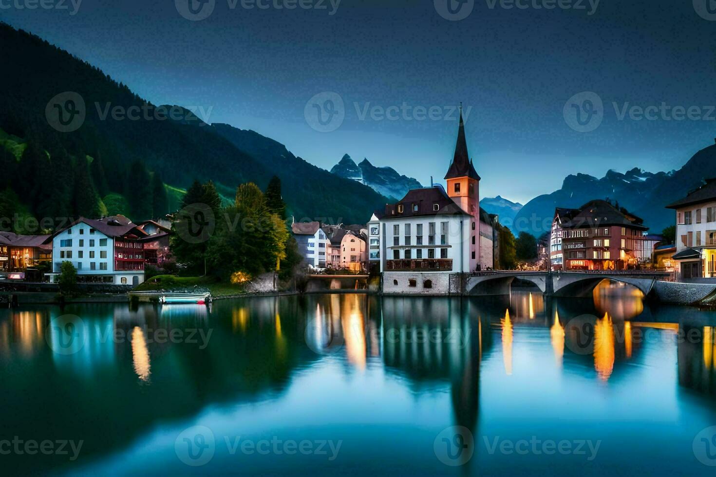 il cittadina di Berna è illuminato su a notte. ai-generato foto