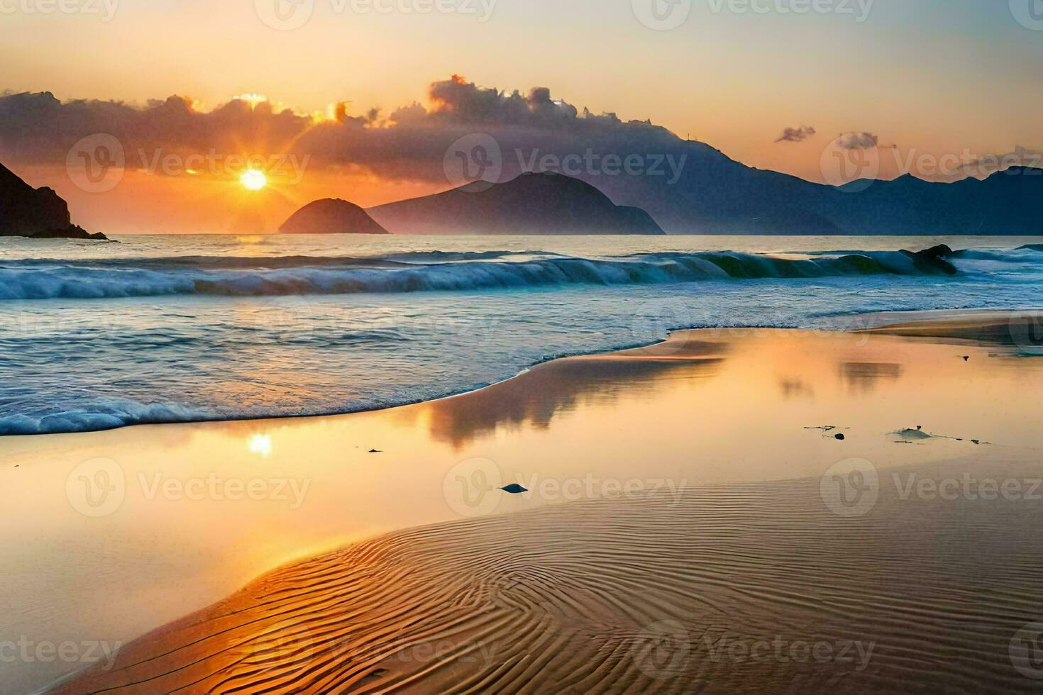 tramonto su il spiaggia, onde, montagne, acqua, HD sfondo. ai-generato foto