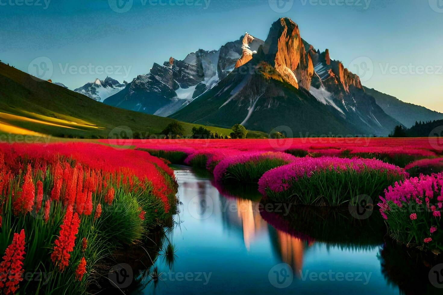 il montagne siamo riflessa nel il acqua. ai-generato foto