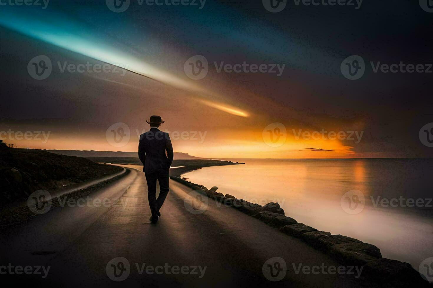 un' uomo nel un' completo da uomo passeggiate lungo il strada a tramonto. ai-generato foto