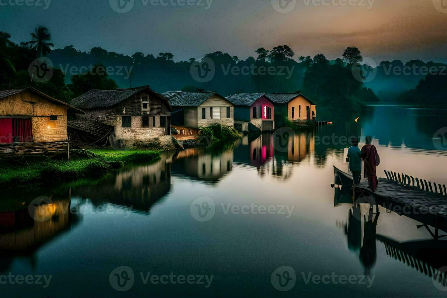 un' uomo sta su un' bacino a tramonto vicino un' fiume. ai-generato foto