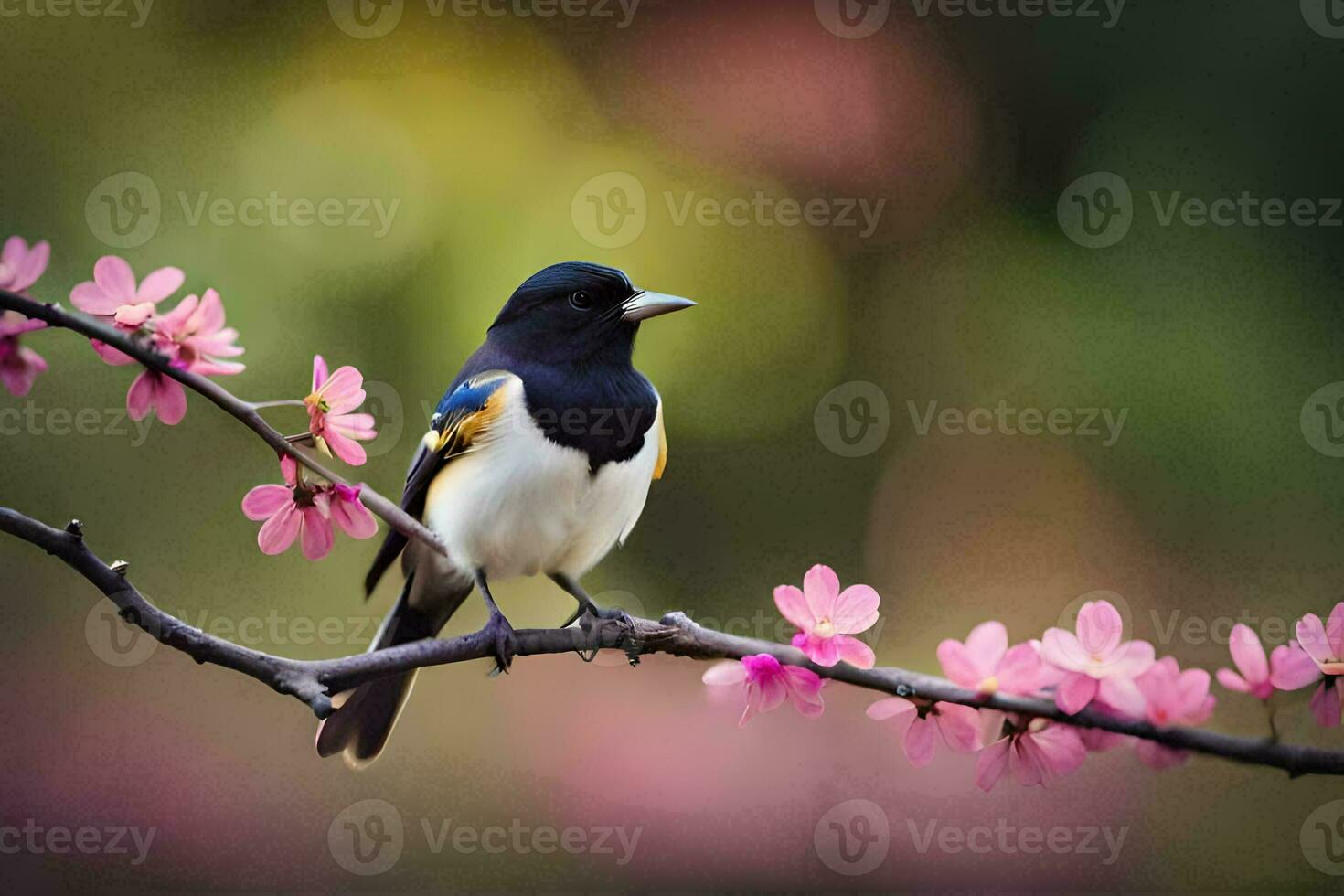 un' uccello si siede su un' ramo con rosa fiori. ai-generato foto