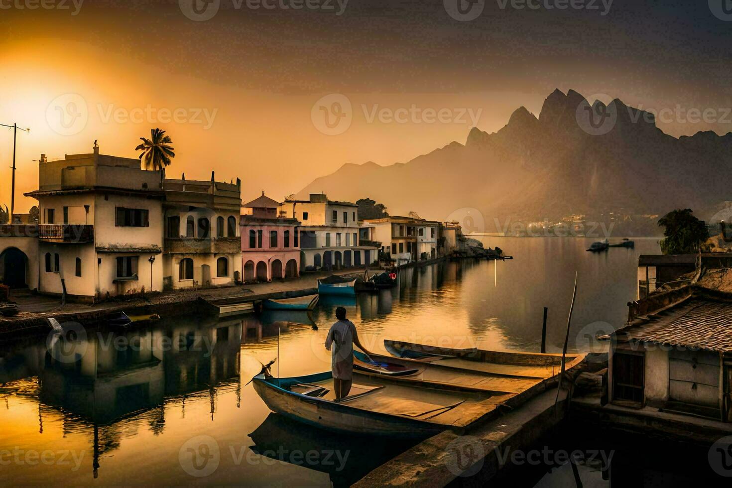 un' uomo sta su un' bacino nel davanti di un' cittadina. ai-generato foto