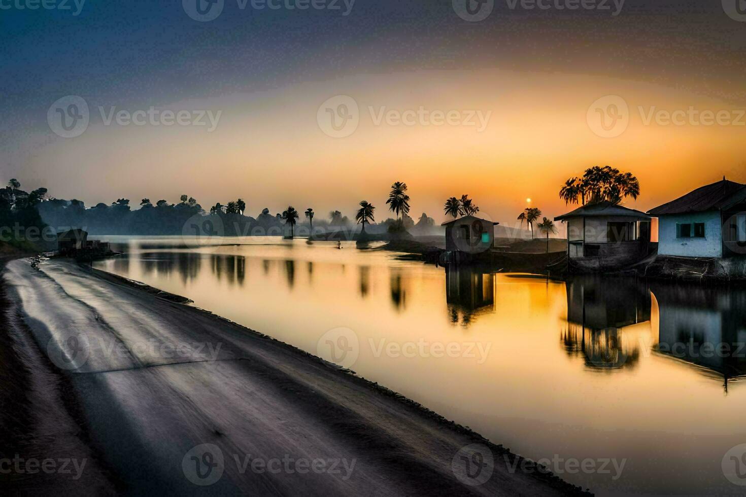 un' fiume a tramonto con case e alberi. ai-generato foto