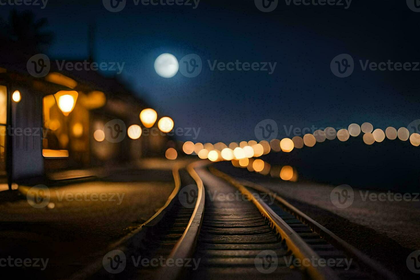 un' treno traccia a notte con luci su il traccia. ai-generato foto