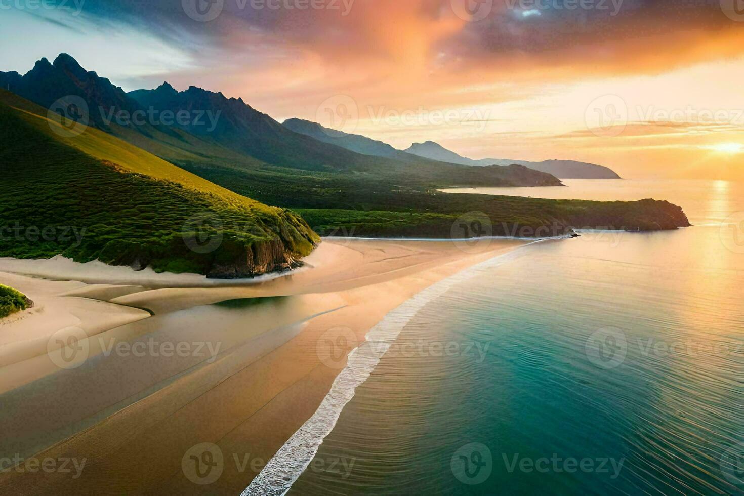 un' bellissimo spiaggia e montagne a tramonto. ai-generato foto