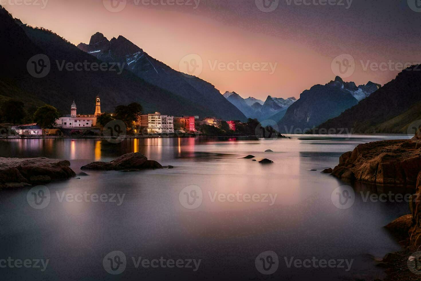 un' lago e montagne a tramonto. ai-generato foto