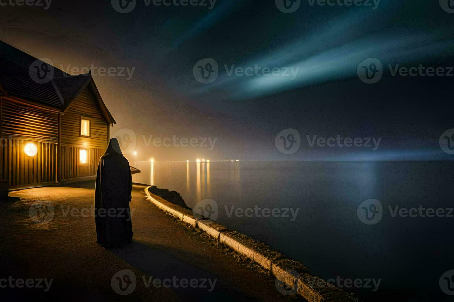 un' uomo nel un' nero accappatoio sta su il bordo di un' bacino a notte. ai-generato foto