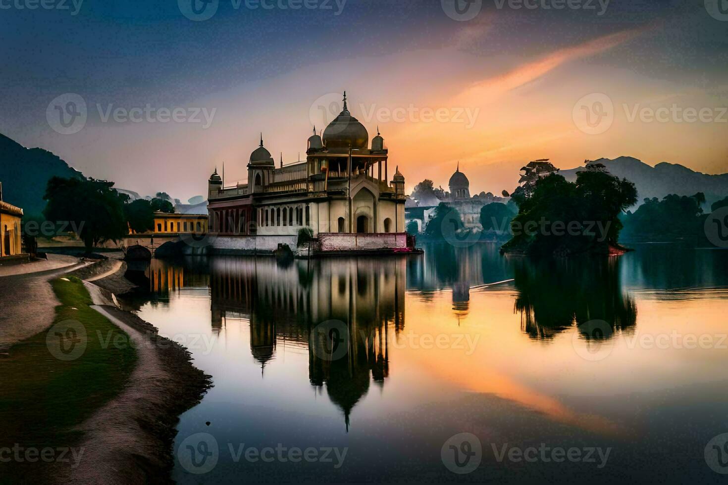 il tramonto al di sopra di il lago a il palazzo. ai-generato foto