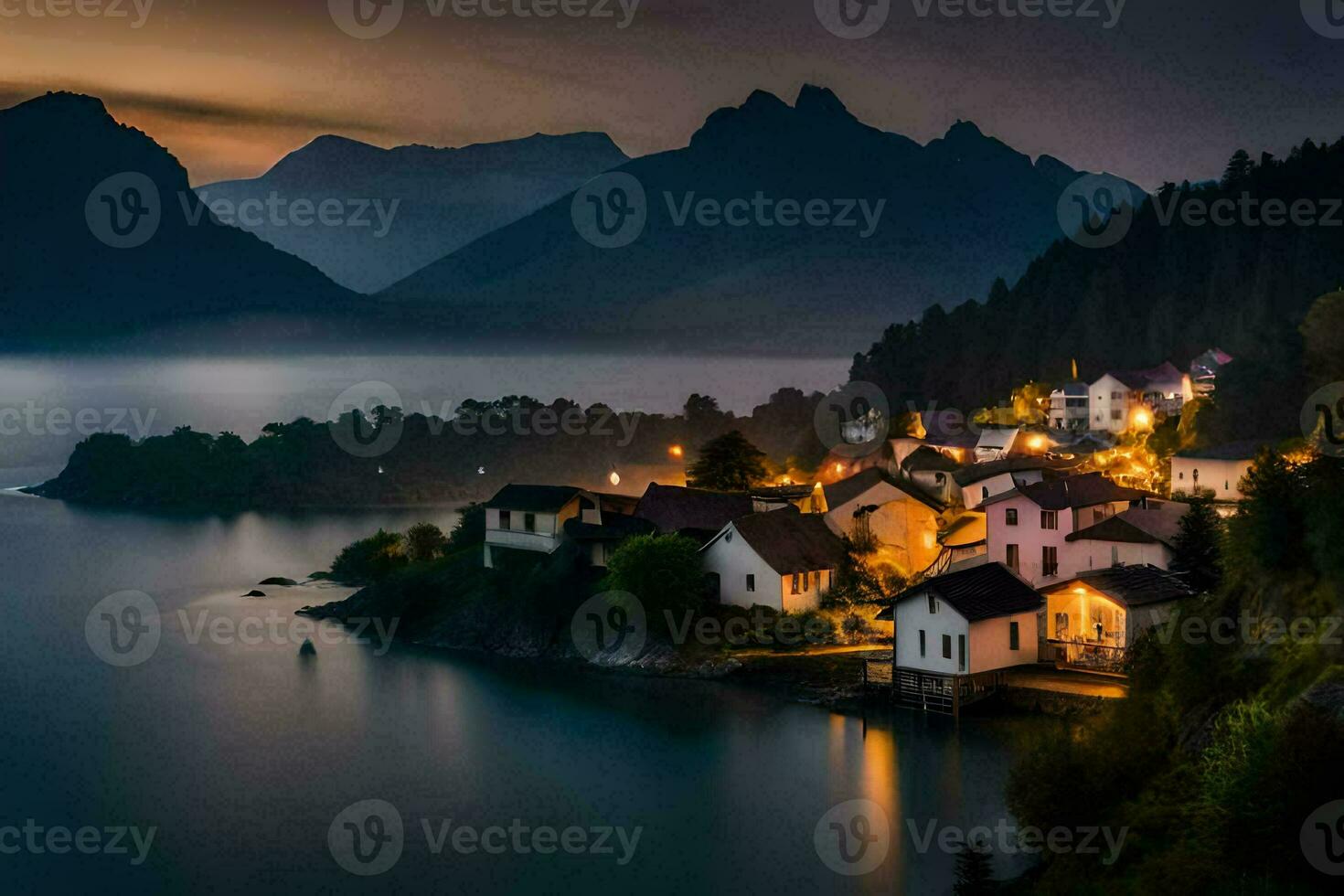 un' villaggio su il riva di un' lago a notte. ai-generato foto