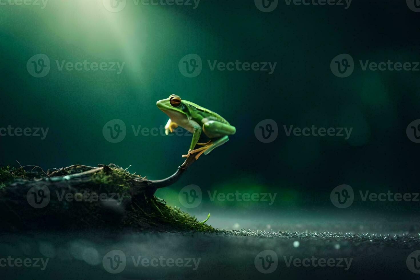 un' rana è arroccato su superiore di un' albero ramo. ai-generato foto