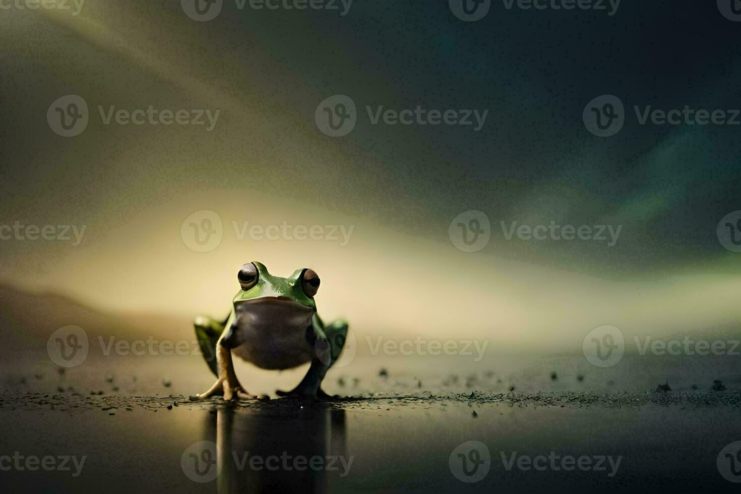 un' rana in piedi su il bordo di un' lago. ai-generato foto