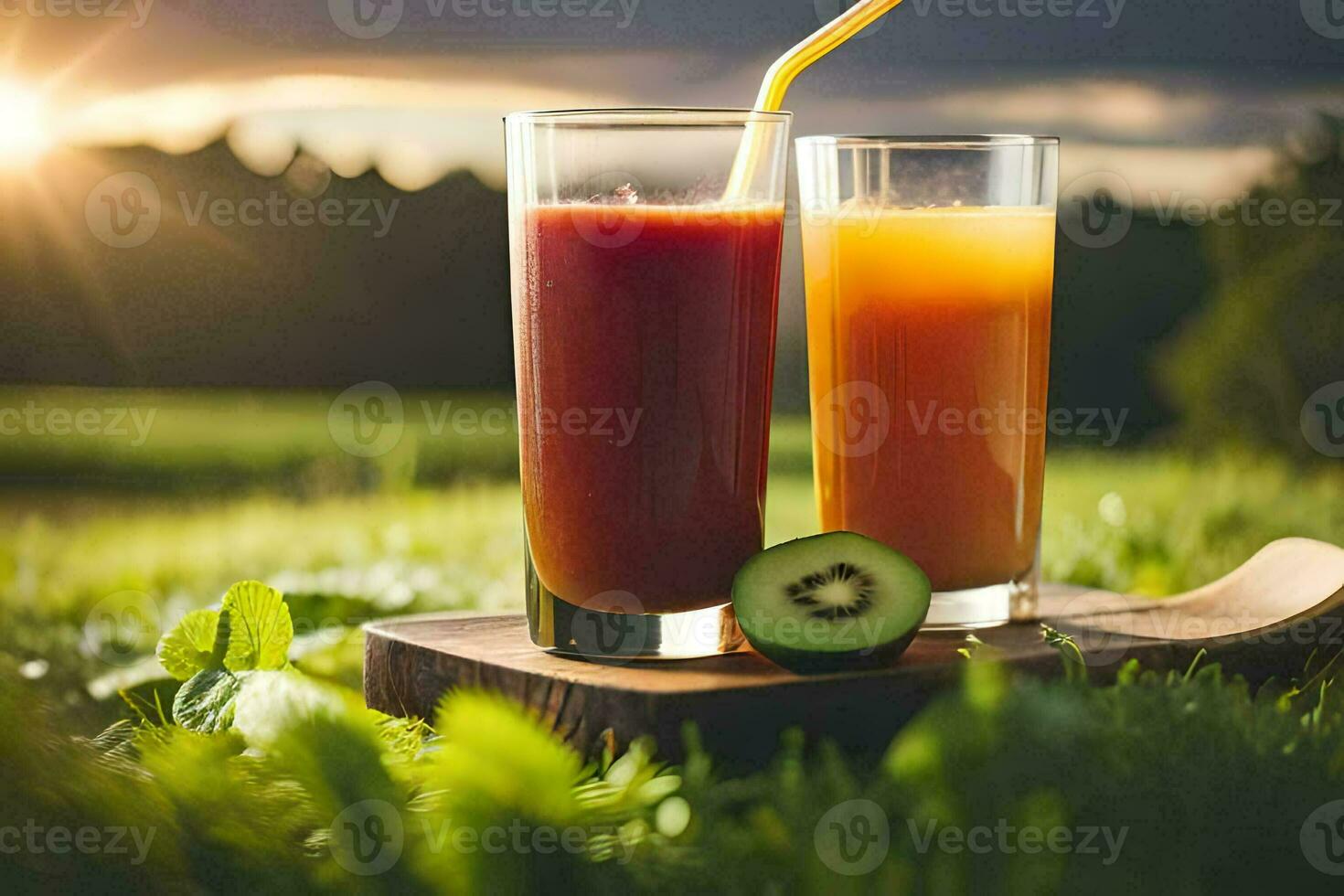 Due bicchieri di succo con frutta su il erba. ai-generato foto