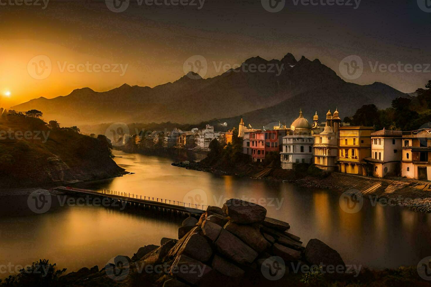 il sole sorge al di sopra di il cittadina di udaipur, India. ai-generato foto