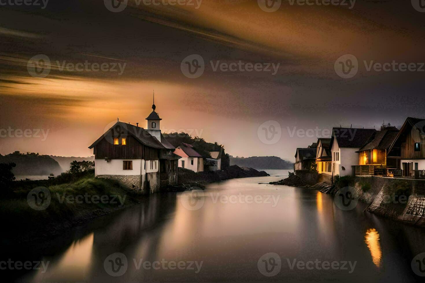 un' fiume corre attraverso un' cittadina a tramonto. ai-generato foto