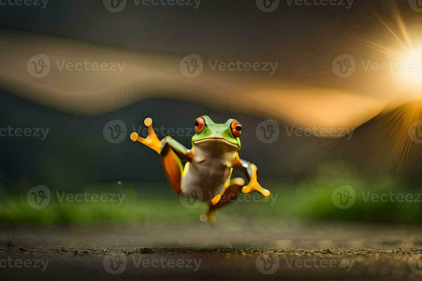 un' rana salto nel il aria con il sole nel il sfondo. ai-generato foto