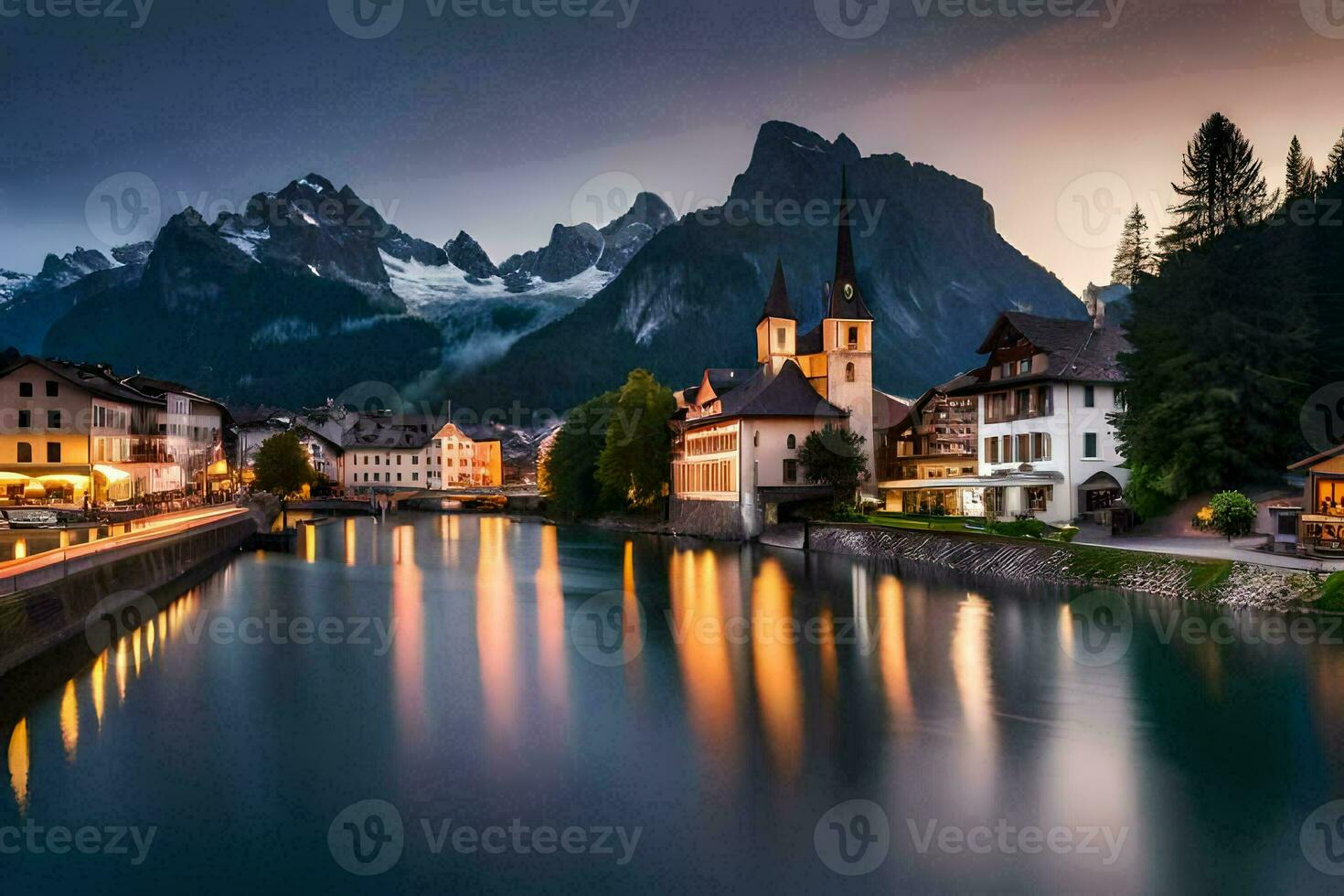 il cittadina di Svizzera è illuminato su a notte. ai-generato foto